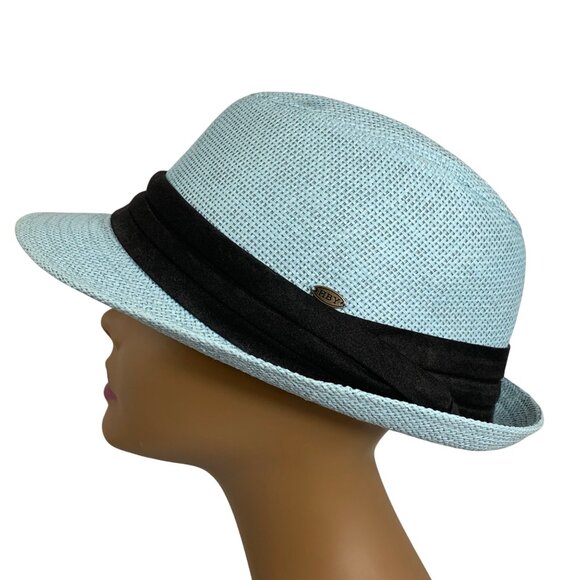 Light Blue HBY Miami Fedora Hat Black Band Womens Size L 100% Paper Straw - Picture 2 of 7